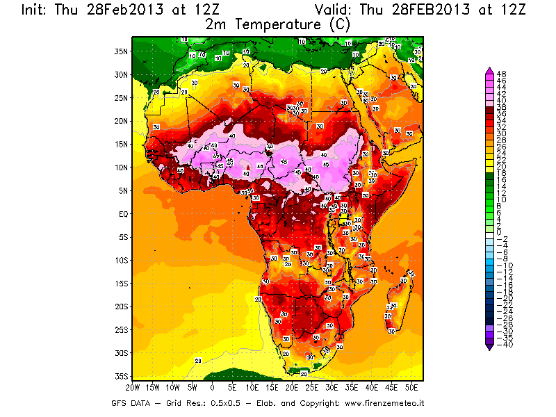Mappa di analisi GFS - Temperatura a 2 metri dal suolo [°C] in Africa
									del 28/02/2013 12 <!--googleoff: index-->UTC<!--googleon: index-->