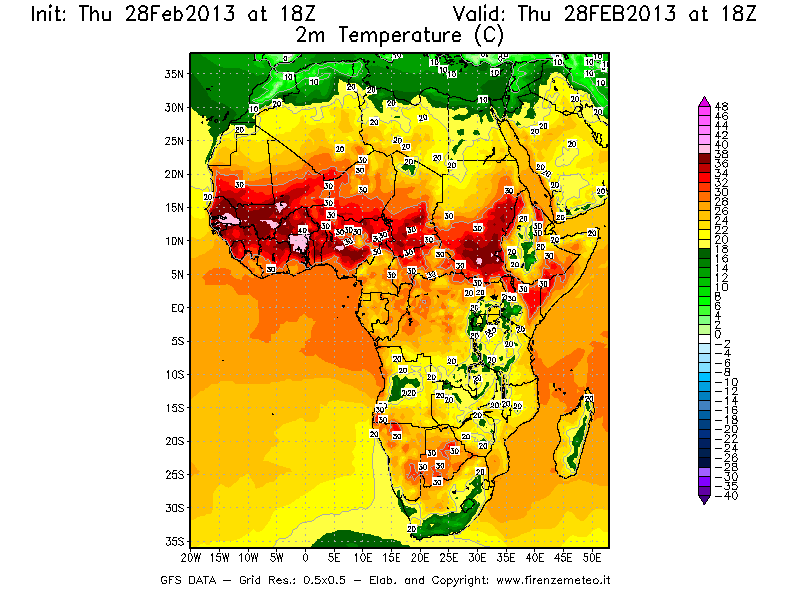 Mappa di analisi GFS - Temperatura a 2 metri dal suolo [°C] in Africa
							del 28/02/2013 18 <!--googleoff: index-->UTC<!--googleon: index-->