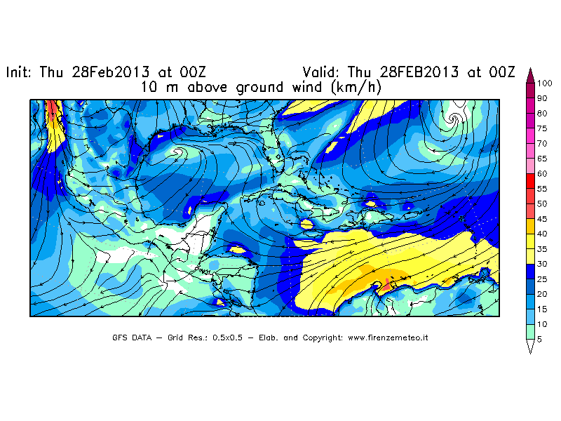 Mappa di analisi GFS - Velocità del vento a 10 metri dal suolo [km/h] in Centro-America
							del 28/02/2013 00 <!--googleoff: index-->UTC<!--googleon: index-->