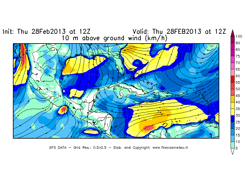 Mappa di analisi GFS - Velocità del vento a 10 metri dal suolo [km/h] in Centro-America
							del 28/02/2013 12 <!--googleoff: index-->UTC<!--googleon: index-->