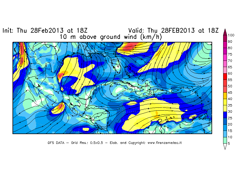 Mappa di analisi GFS - Velocità del vento a 10 metri dal suolo [km/h] in Centro-America
									del 28/02/2013 18 <!--googleoff: index-->UTC<!--googleon: index-->