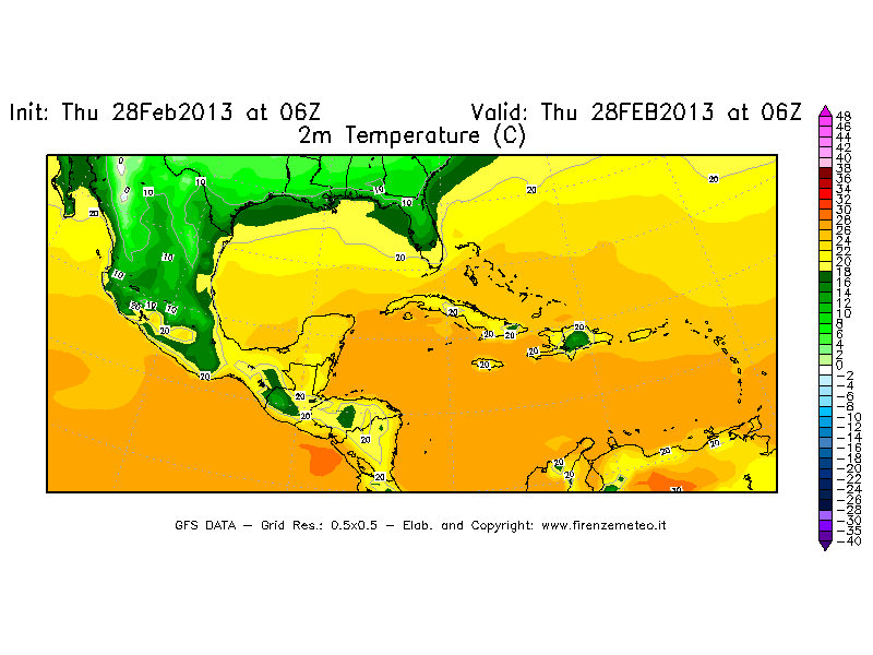 Mappa di analisi GFS - Temperatura a 2 metri dal suolo [°C] in Centro-America
									del 28/02/2013 06 <!--googleoff: index-->UTC<!--googleon: index-->