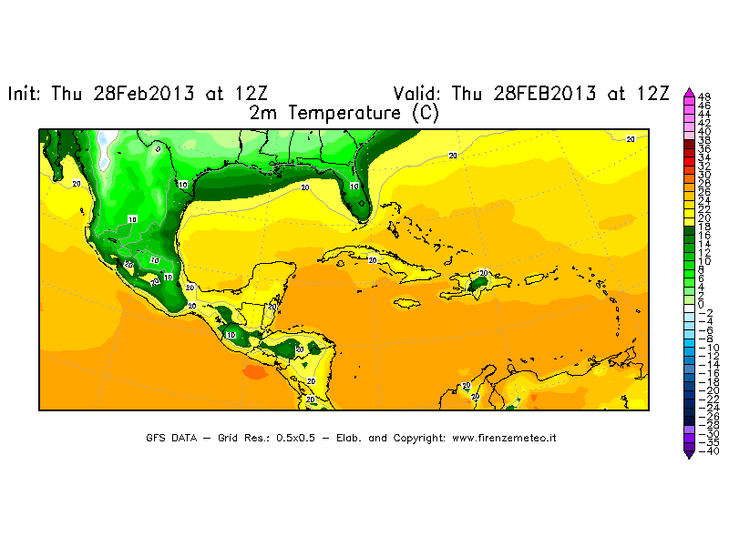 Mappa di analisi GFS - Temperatura a 2 metri dal suolo [°C] in Centro-America
									del 28/02/2013 12 <!--googleoff: index-->UTC<!--googleon: index-->