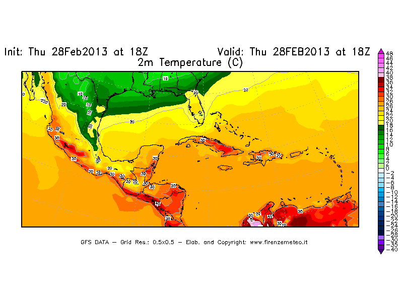 Mappa di analisi GFS - Temperatura a 2 metri dal suolo [°C] in Centro-America
									del 28/02/2013 18 <!--googleoff: index-->UTC<!--googleon: index-->