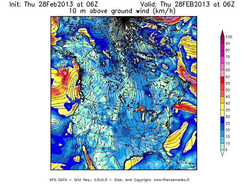 Mappa di analisi GFS - Velocità del vento a 10 metri dal suolo [km/h] in Nord-America
							del 28/02/2013 06 <!--googleoff: index-->UTC<!--googleon: index-->