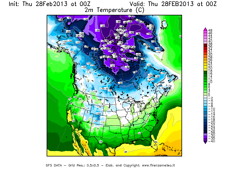 Mappa di analisi GFS - Temperatura a 2 metri dal suolo [°C] in Nord-America
							del 28/02/2013 00 <!--googleoff: index-->UTC<!--googleon: index-->
