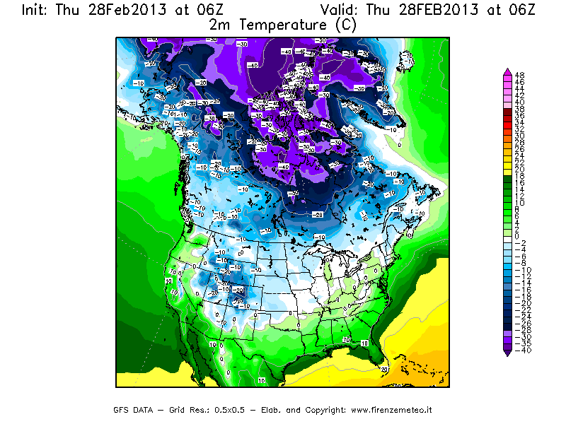 Mappa di analisi GFS - Temperatura a 2 metri dal suolo [°C] in Nord-America
							del 28/02/2013 06 <!--googleoff: index-->UTC<!--googleon: index-->