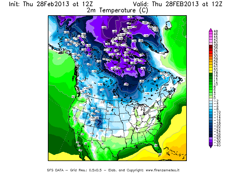 Mappa di analisi GFS - Temperatura a 2 metri dal suolo [°C] in Nord-America
							del 28/02/2013 12 <!--googleoff: index-->UTC<!--googleon: index-->
