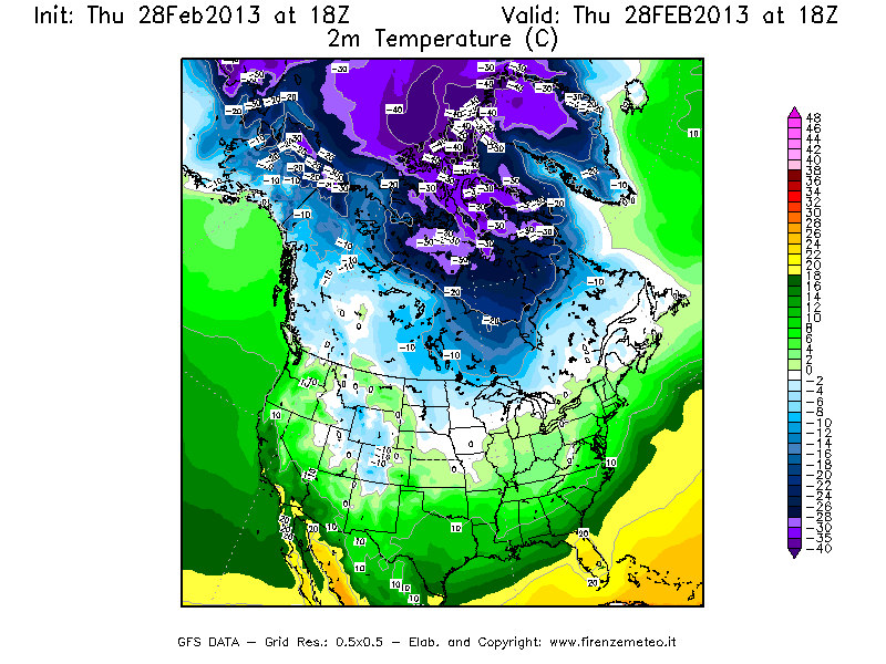 Mappa di analisi GFS - Temperatura a 2 metri dal suolo [°C] in Nord-America
									del 28/02/2013 18 <!--googleoff: index-->UTC<!--googleon: index-->