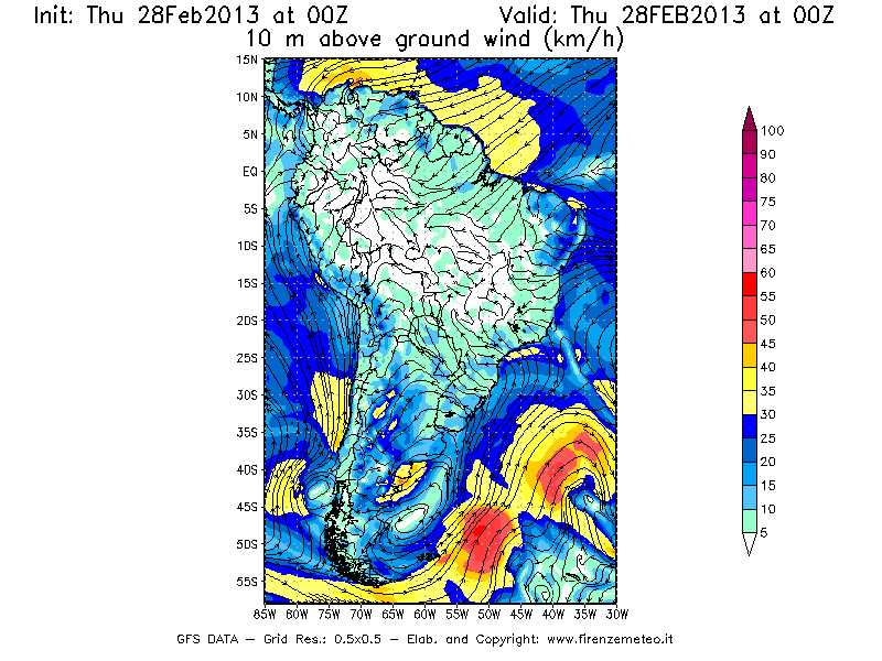 Mappa di analisi GFS - Velocità del vento a 10 metri dal suolo [km/h] in Sud-America
									del 28/02/2013 00 <!--googleoff: index-->UTC<!--googleon: index-->