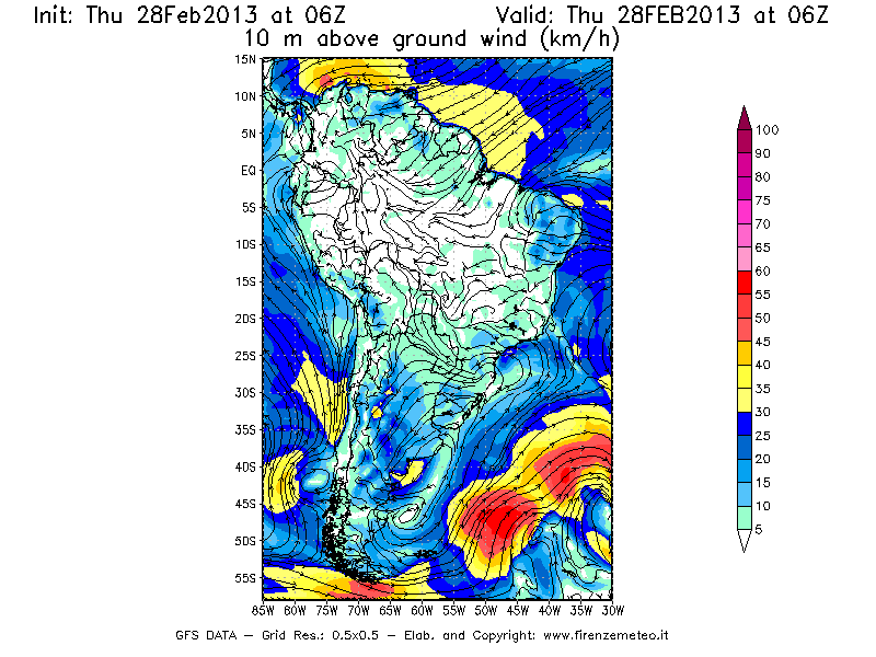 Mappa di analisi GFS - Velocità del vento a 10 metri dal suolo [km/h] in Sud-America
							del 28/02/2013 06 <!--googleoff: index-->UTC<!--googleon: index-->