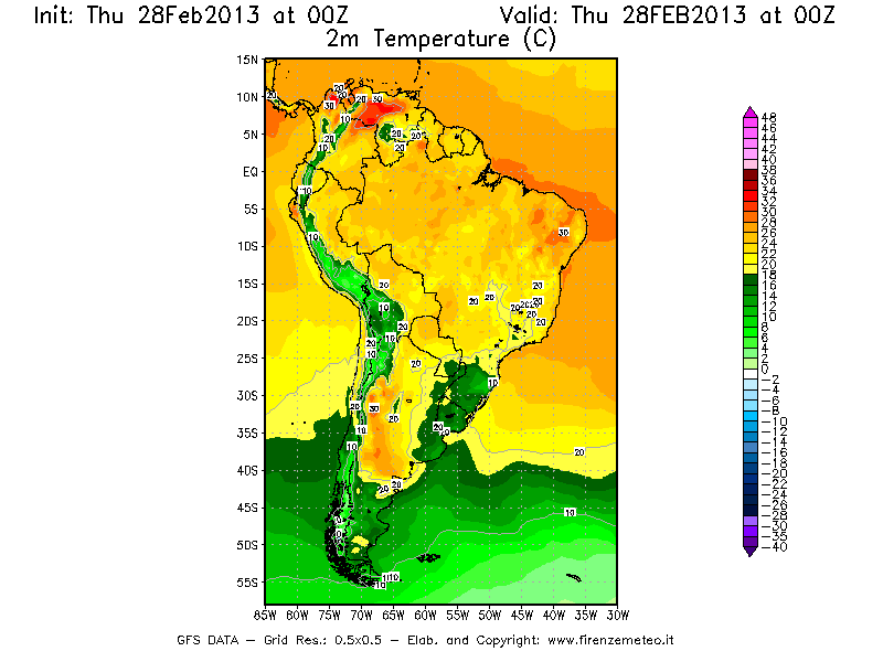 Mappa di analisi GFS - Temperatura a 2 metri dal suolo [°C] in Sud-America
							del 28/02/2013 00 <!--googleoff: index-->UTC<!--googleon: index-->