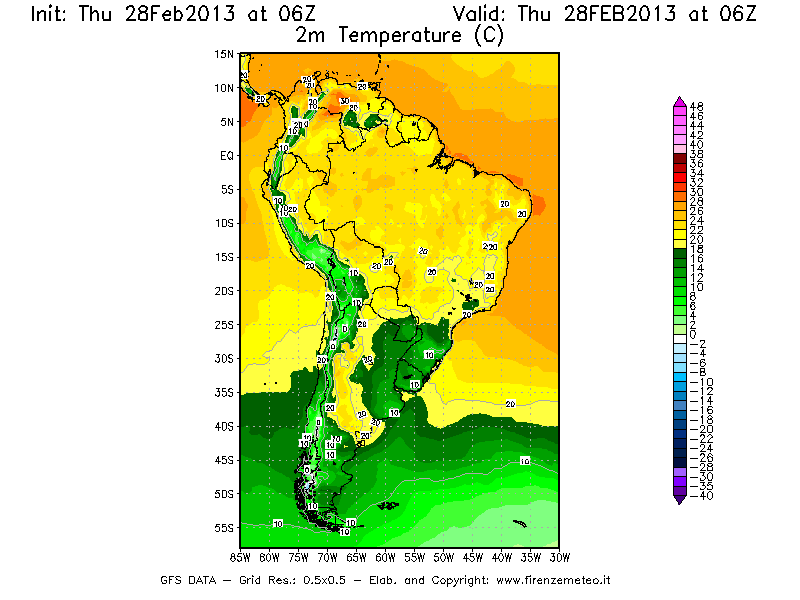 Mappa di analisi GFS - Temperatura a 2 metri dal suolo [°C] in Sud-America
							del 28/02/2013 06 <!--googleoff: index-->UTC<!--googleon: index-->
