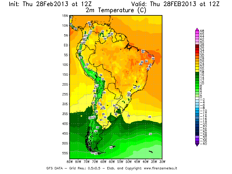 Mappa di analisi GFS - Temperatura a 2 metri dal suolo [°C] in Sud-America
									del 28/02/2013 12 <!--googleoff: index-->UTC<!--googleon: index-->
