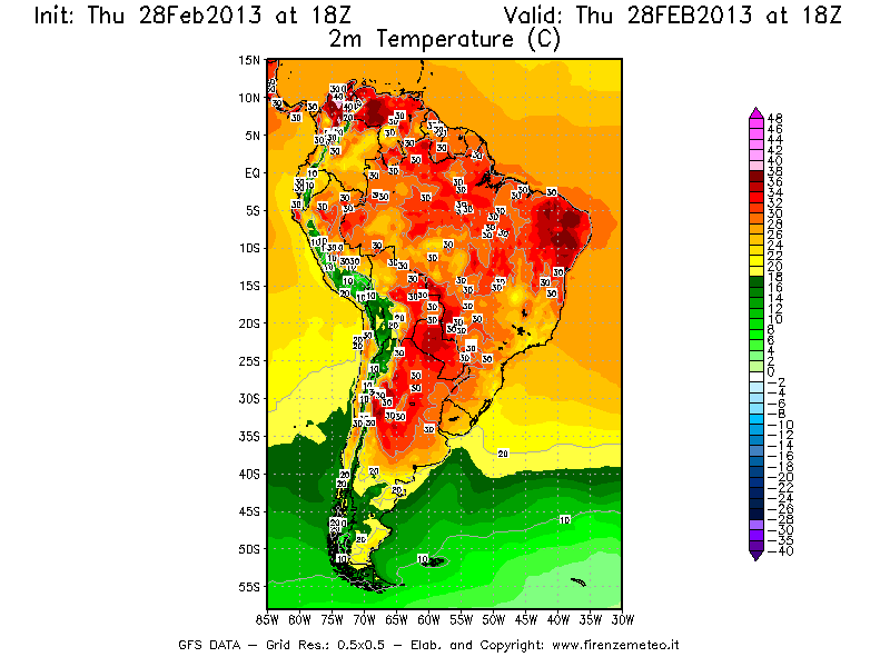 Mappa di analisi GFS - Temperatura a 2 metri dal suolo [°C] in Sud-America
							del 28/02/2013 18 <!--googleoff: index-->UTC<!--googleon: index-->