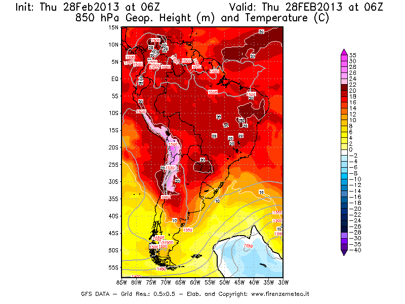 Mappa di analisi GFS - Geopotenziale [m] e Temperatura [°C] a 850 hPa in Sud-America
							del 28/02/2013 06 <!--googleoff: index-->UTC<!--googleon: index-->
