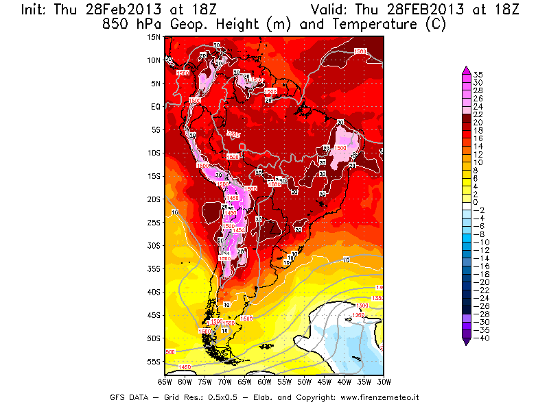 Mappa di analisi GFS - Geopotenziale [m] e Temperatura [°C] a 850 hPa in Sud-America
									del 28/02/2013 18 <!--googleoff: index-->UTC<!--googleon: index-->