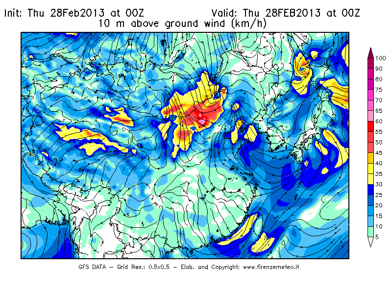 Mappa di analisi GFS - Velocità del vento a 10 metri dal suolo [km/h] in Asia Orientale
							del 28/02/2013 00 <!--googleoff: index-->UTC<!--googleon: index-->