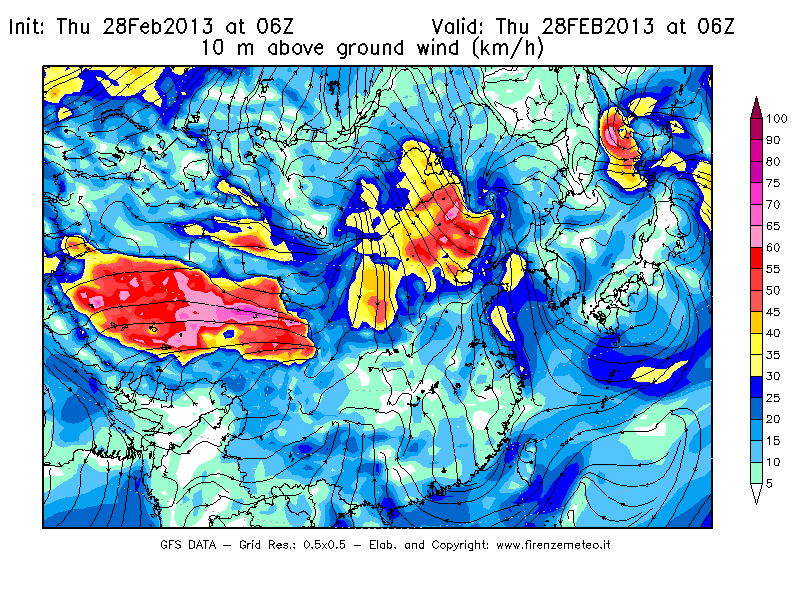 Mappa di analisi GFS - Velocità del vento a 10 metri dal suolo [km/h] in Asia Orientale
							del 28/02/2013 06 <!--googleoff: index-->UTC<!--googleon: index-->