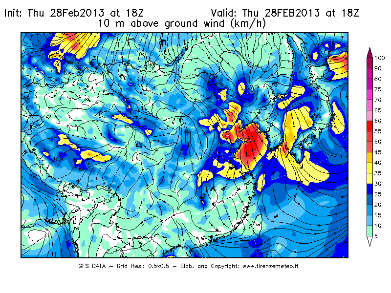 Mappa di analisi GFS - Velocità del vento a 10 metri dal suolo [km/h] in Asia Orientale
							del 28/02/2013 18 <!--googleoff: index-->UTC<!--googleon: index-->