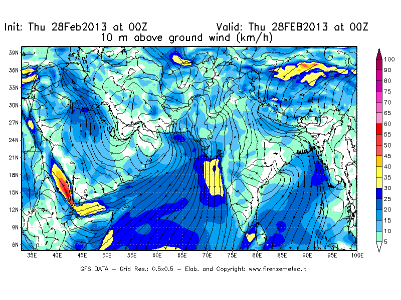 Mappa di analisi GFS - Velocità del vento a 10 metri dal suolo [km/h] in Asia Sud-Occidentale
							del 28/02/2013 00 <!--googleoff: index-->UTC<!--googleon: index-->
