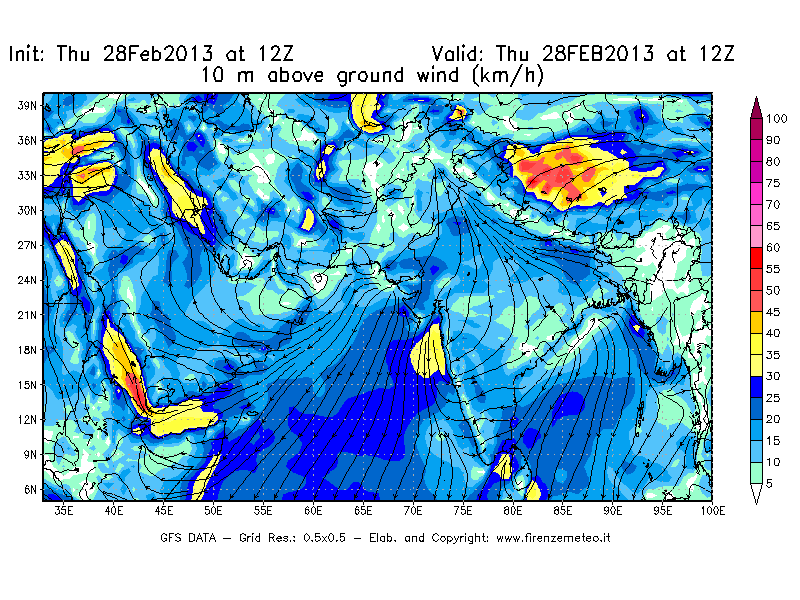 Mappa di analisi GFS - Velocità del vento a 10 metri dal suolo [km/h] in Asia Sud-Occidentale
							del 28/02/2013 12 <!--googleoff: index-->UTC<!--googleon: index-->