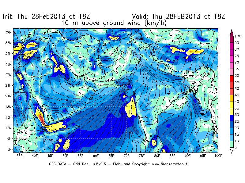 Mappa di analisi GFS - Velocità del vento a 10 metri dal suolo [km/h] in Asia Sud-Occidentale
									del 28/02/2013 18 <!--googleoff: index-->UTC<!--googleon: index-->