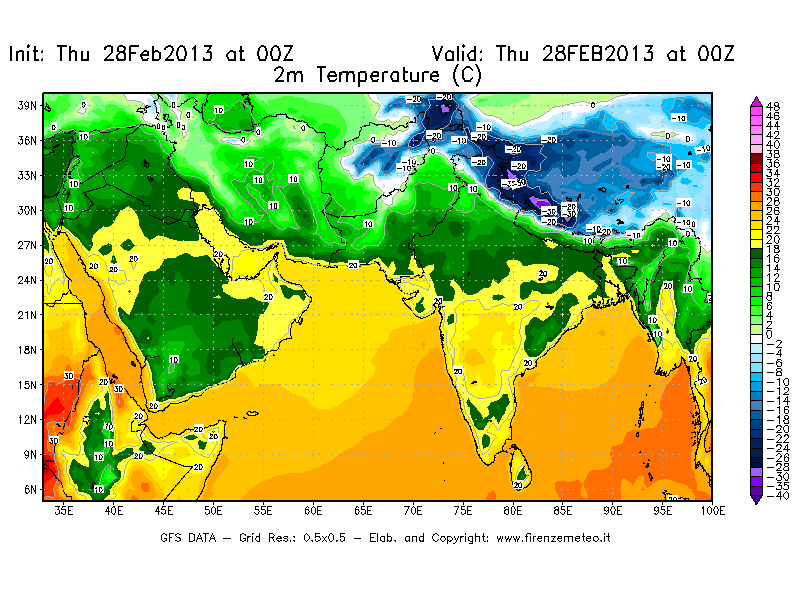 Mappa di analisi GFS - Temperatura a 2 metri dal suolo [°C] in Asia Sud-Occidentale
							del 28/02/2013 00 <!--googleoff: index-->UTC<!--googleon: index-->