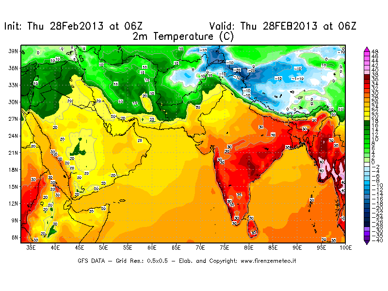 Mappa di analisi GFS - Temperatura a 2 metri dal suolo [°C] in Asia Sud-Occidentale
									del 28/02/2013 06 <!--googleoff: index-->UTC<!--googleon: index-->