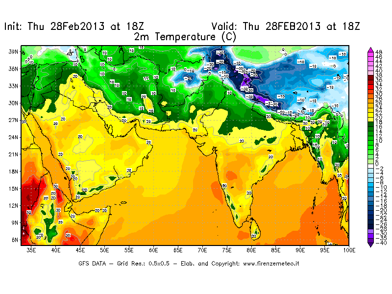 Mappa di analisi GFS - Temperatura a 2 metri dal suolo [°C] in Asia Sud-Occidentale
							del 28/02/2013 18 <!--googleoff: index-->UTC<!--googleon: index-->