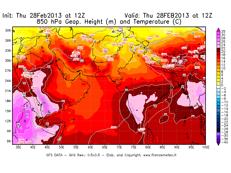 Mappa di analisi GFS - Geopotenziale [m] e Temperatura [°C] a 850 hPa in Asia Sud-Occidentale
									del 28/02/2013 12 <!--googleoff: index-->UTC<!--googleon: index-->