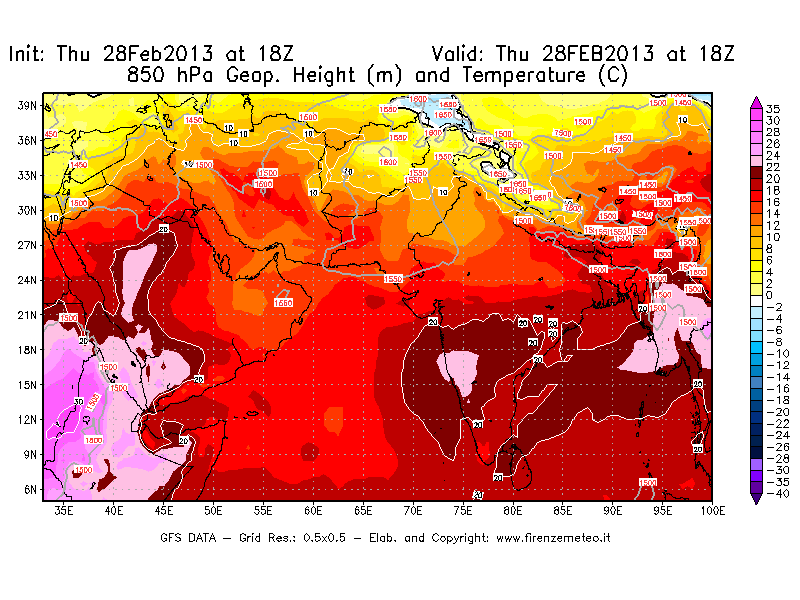 Mappa di analisi GFS - Geopotenziale [m] e Temperatura [°C] a 850 hPa in Asia Sud-Occidentale
									del 28/02/2013 18 <!--googleoff: index-->UTC<!--googleon: index-->