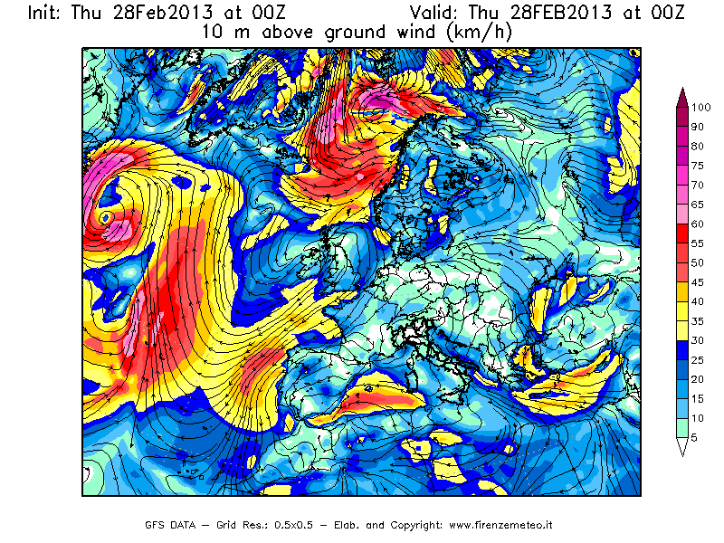 Mappa di analisi GFS - Velocità del vento a 10 metri dal suolo [km/h] in Europa
							del 28/02/2013 00 <!--googleoff: index-->UTC<!--googleon: index-->
