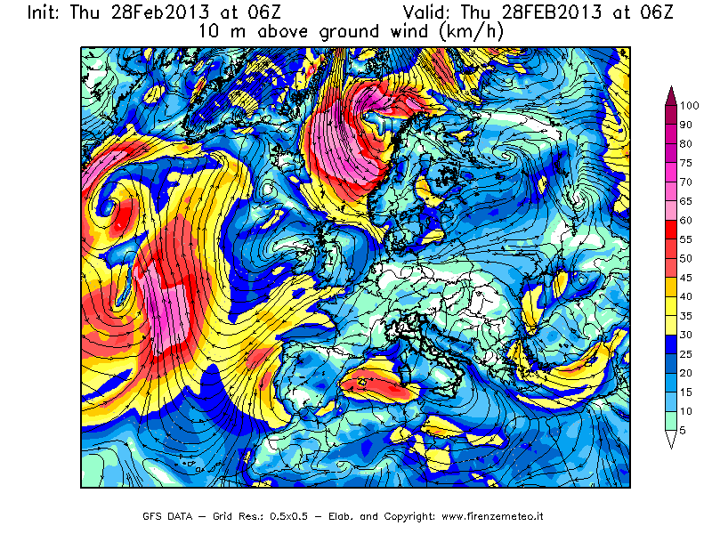 Mappa di analisi GFS - Velocità del vento a 10 metri dal suolo [km/h] in Europa
									del 28/02/2013 06 <!--googleoff: index-->UTC<!--googleon: index-->
