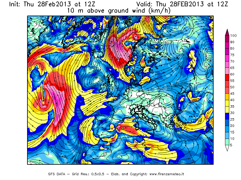 Mappa di analisi GFS - Velocità del vento a 10 metri dal suolo [km/h] in Europa
									del 28/02/2013 12 <!--googleoff: index-->UTC<!--googleon: index-->