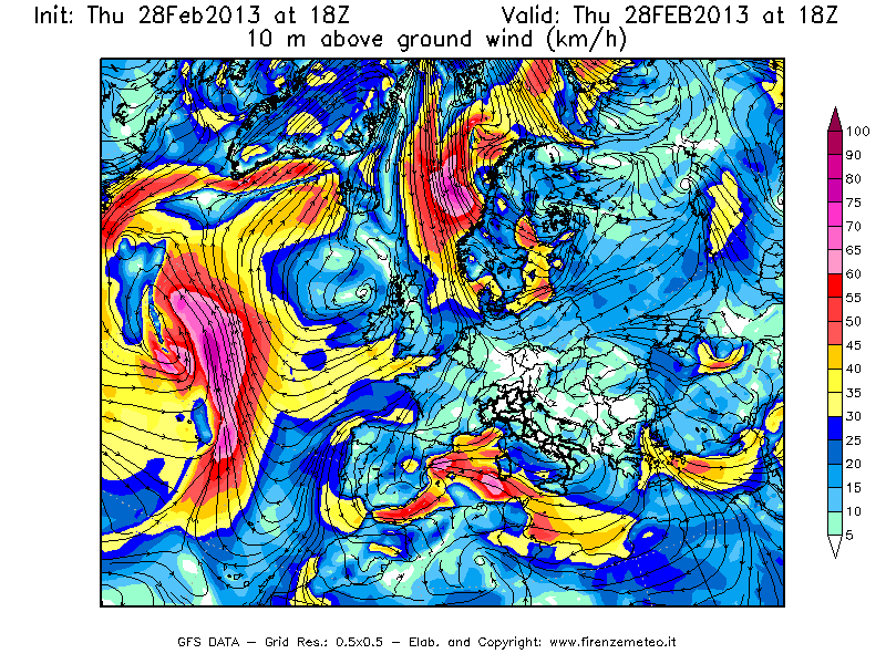 Mappa di analisi GFS - Velocità del vento a 10 metri dal suolo [km/h] in Europa
									del 28/02/2013 18 <!--googleoff: index-->UTC<!--googleon: index-->