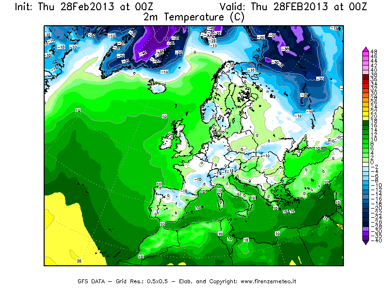Mappa di analisi GFS - Temperatura a 2 metri dal suolo [°C] in Europa
									del 28/02/2013 00 <!--googleoff: index-->UTC<!--googleon: index-->