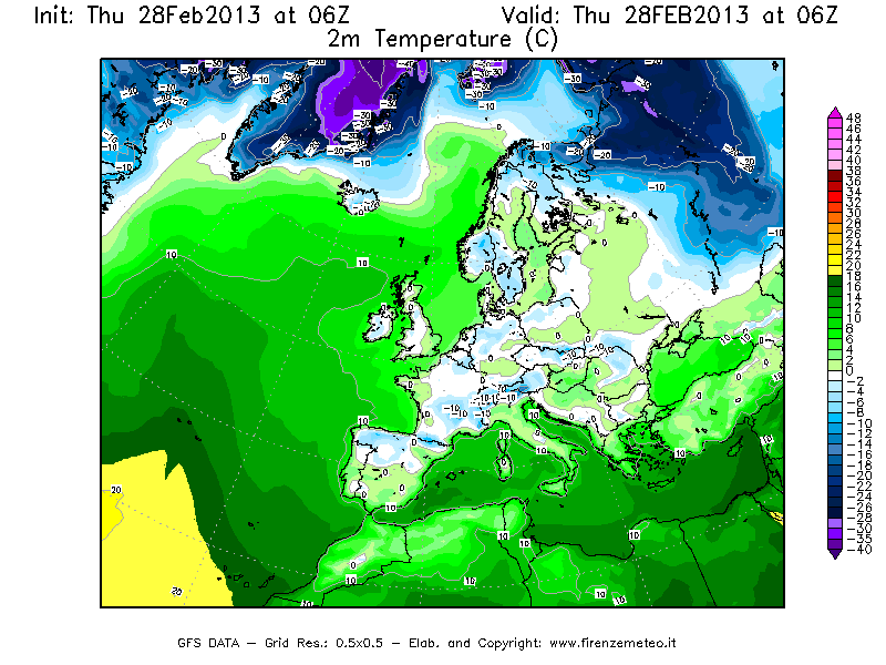 Mappa di analisi GFS - Temperatura a 2 metri dal suolo [°C] in Europa
							del 28/02/2013 06 <!--googleoff: index-->UTC<!--googleon: index-->