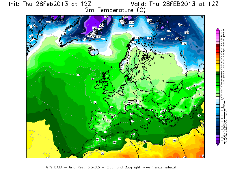 Mappa di analisi GFS - Temperatura a 2 metri dal suolo [°C] in Europa
							del 28/02/2013 12 <!--googleoff: index-->UTC<!--googleon: index-->