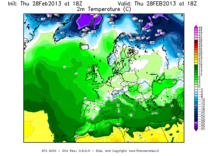 Mappa di analisi GFS - Temperatura a 2 metri dal suolo [°C] in Europa
									del 28/02/2013 18 <!--googleoff: index-->UTC<!--googleon: index-->
