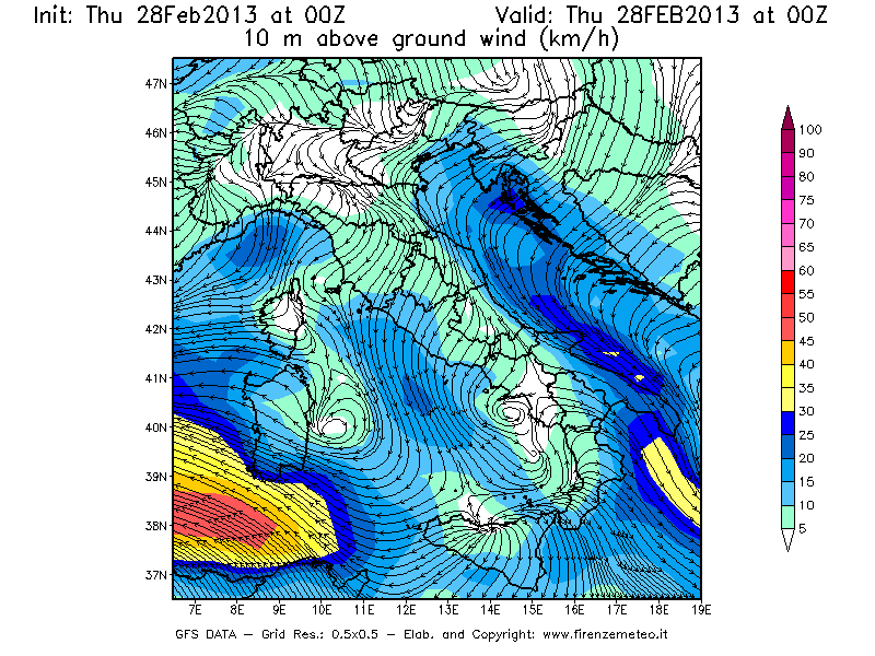 Mappa di analisi GFS - Velocità del vento a 10 metri dal suolo [km/h] in Italia
									del 28/02/2013 00 <!--googleoff: index-->UTC<!--googleon: index-->