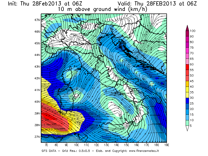 Mappa di analisi GFS - Velocità del vento a 10 metri dal suolo [km/h] in Italia
							del 28/02/2013 06 <!--googleoff: index-->UTC<!--googleon: index-->