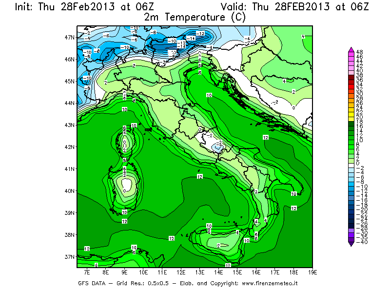 Mappa di analisi GFS - Temperatura a 2 metri dal suolo [°C] in Italia
							del 28/02/2013 06 <!--googleoff: index-->UTC<!--googleon: index-->