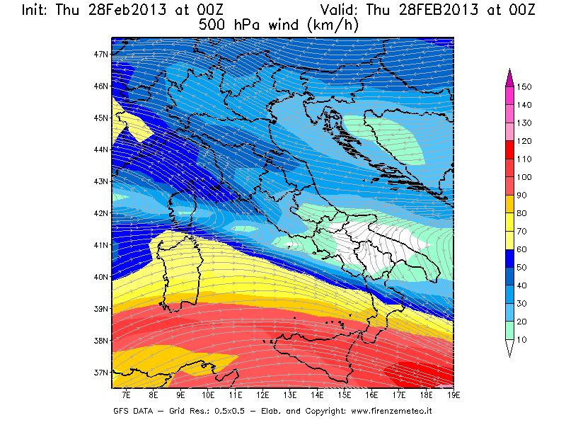 Mappa di analisi GFS - Velocità del vento a 500 hPa [km/h] in Italia
							del 28/02/2013 00 <!--googleoff: index-->UTC<!--googleon: index-->