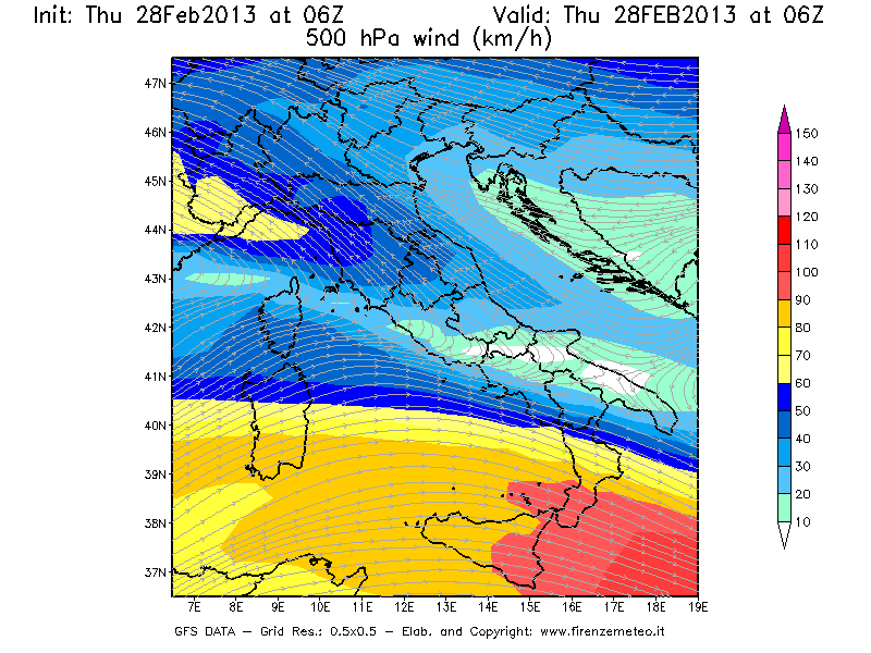 Mappa di analisi GFS - Velocità del vento a 500 hPa [km/h] in Italia
							del 28/02/2013 06 <!--googleoff: index-->UTC<!--googleon: index-->