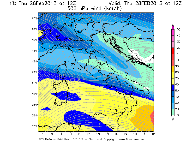 Mappa di analisi GFS - Velocità del vento a 500 hPa [km/h] in Italia
									del 28/02/2013 12 <!--googleoff: index-->UTC<!--googleon: index-->
