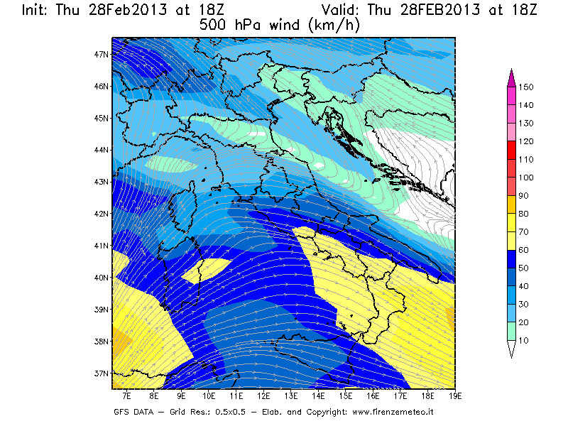 Mappa di analisi GFS - Velocità del vento a 500 hPa [km/h] in Italia
							del 28/02/2013 18 <!--googleoff: index-->UTC<!--googleon: index-->