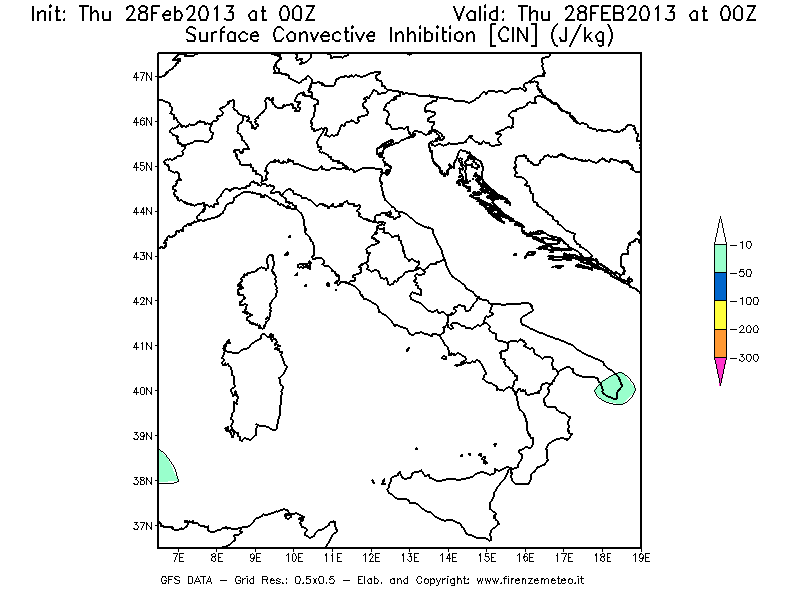 Mappa di analisi GFS - CIN [J/kg] in Italia
							del 28/02/2013 00 <!--googleoff: index-->UTC<!--googleon: index-->
