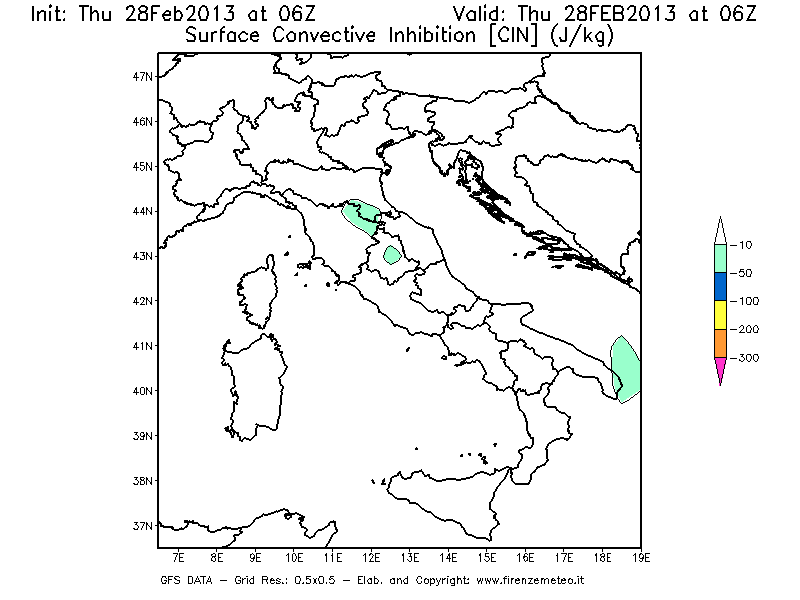 Mappa di analisi GFS - CIN [J/kg] in Italia
							del 28/02/2013 06 <!--googleoff: index-->UTC<!--googleon: index-->