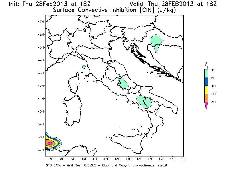 Mappa di analisi GFS - CIN [J/kg] in Italia
							del 28/02/2013 18 <!--googleoff: index-->UTC<!--googleon: index-->